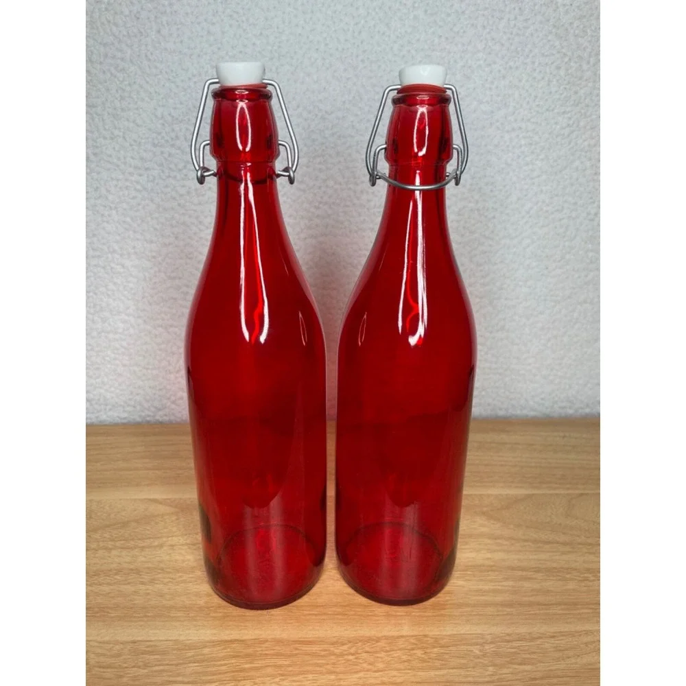 Bormioli Rocco Red Swing Top Giara Glass Bottle Set of 2‎ Made in Italy